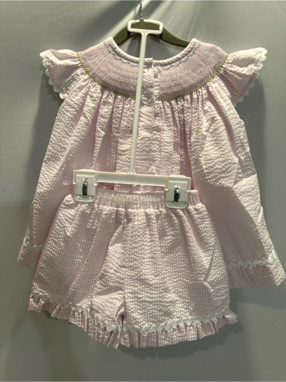 Pink Smocked Set with Yellow Duck Embroidery & Matching Shorts & Bow